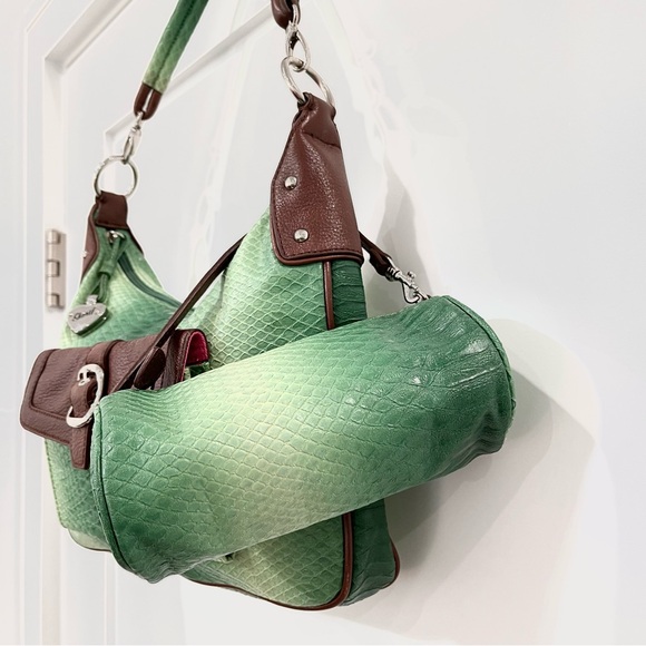 SHARIF 1827 GREEN & BROWN HANDBAG LEATHER TRIM WITH LAMINATE AND POUCH NWOT - Picture 3 of 15